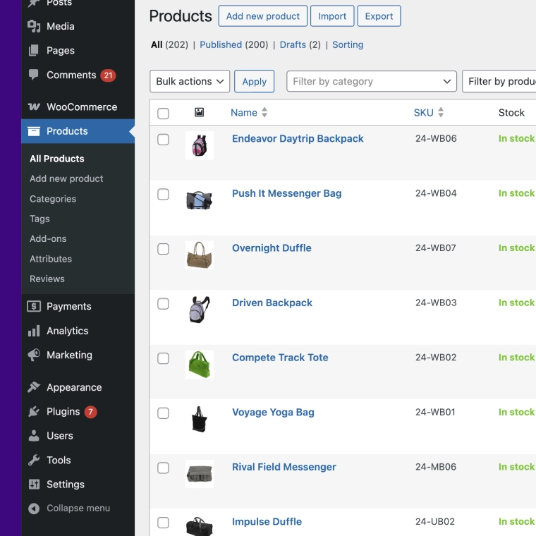 Liste de produits dans l'administration WooCommerce, avec références, stocks et prix